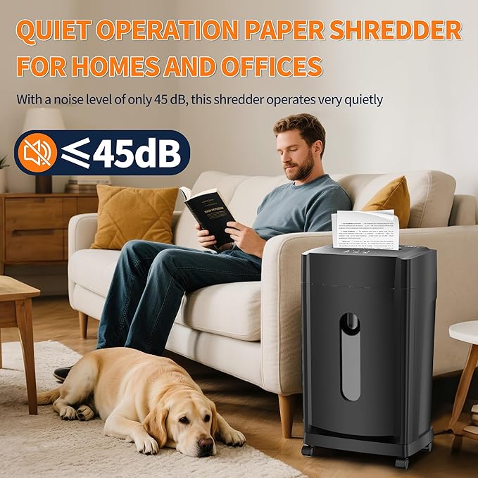 KRT Ultra-Quiet Paper Shredder 38dB,30 Min Run Time,15 Sheet Cross-Cut (4x38mm) for Office/Home,8 Gal Pullout Bin with Casters,Shreds CDs/Credit Cards,Anti-Jam Technology,Black