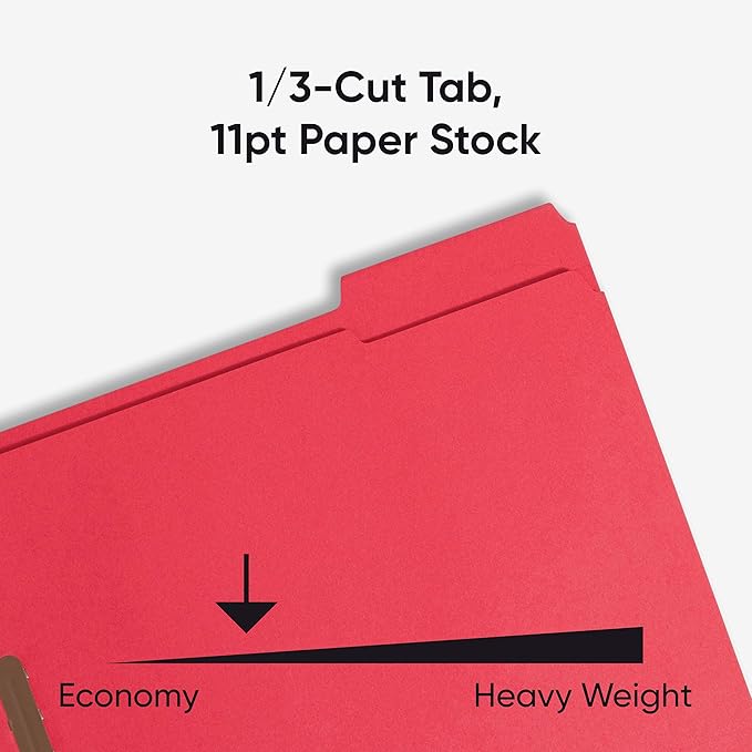 Smead Fastener File Folders, Reinforced 1/3-Cut Tabs, 2 Fasteners, Letter Size, Red, 50 per Box (12740)