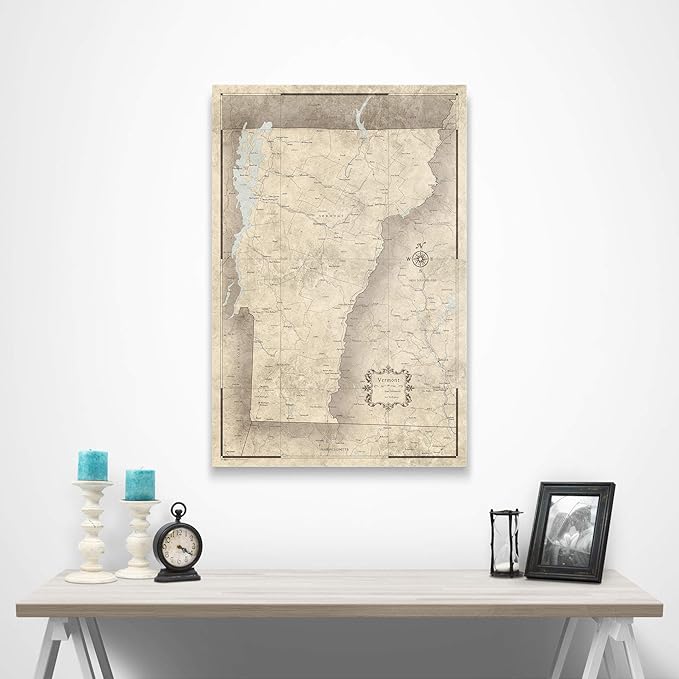 Conquest Maps Push Pin Vermont Map Board - With Push Pins to Mark Vermont Travels - Handmade in Ohio, USA - Design: Rustic Vintage