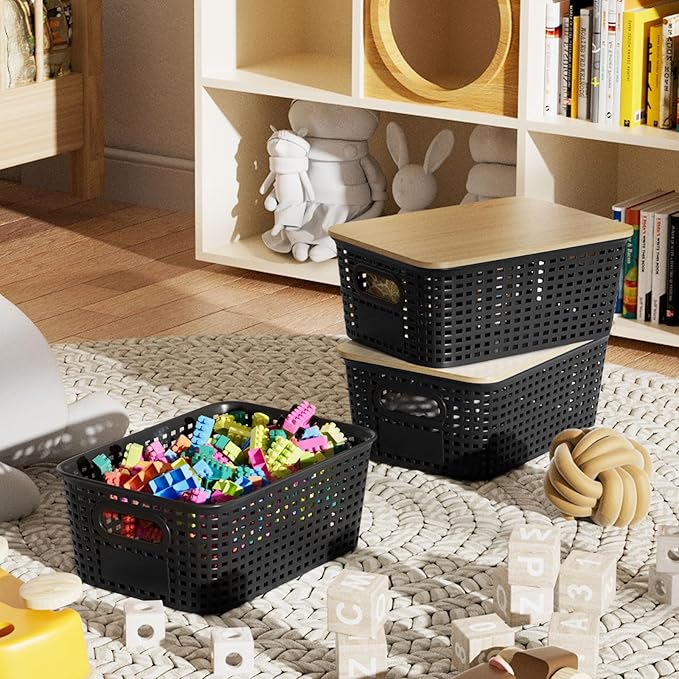 Plastic Storage Bins with Bamboo Lid - Pantry Storage Baskets with Lid - Stackable Container with Lable for Organizing: Small Storage Box for Shelves Office Cabinet Drawer Closet 9x7x4 In - Black 6Pcs