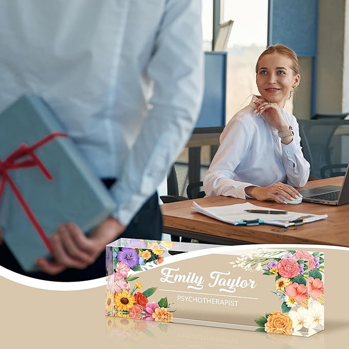 Personalized Name Plate for Desk, Custom Acrylic Desk Name Sign, Office Appreciation Gifts for Women Men Coworkers Boss Teacher Employee (Flower)