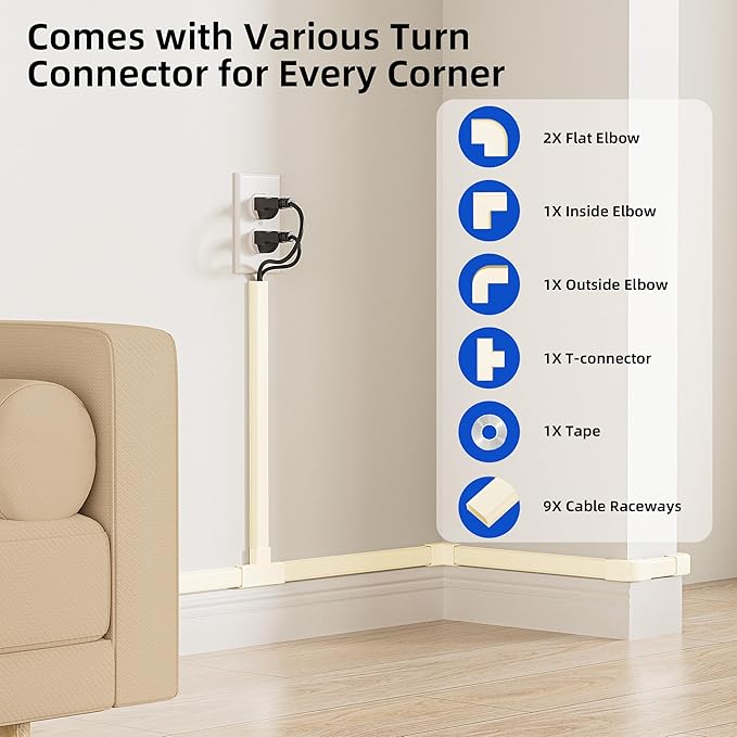 Delamu 142in Beige Cord Hider Cable Hider, Cord Covers for 2-3 Wires on Wall, Premium Wire Hiders Wire Covers for Cords on Wall, Easier Setup TV Cable Cover Management Kit, W0.94 H0.47in, Beige