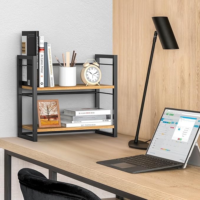 Office Desk Shelf Organizer, Wood Desktop Bookshelf Supplies Storage Rack, Shelf for Top of Desk and Dresser (Black-2 Tier)