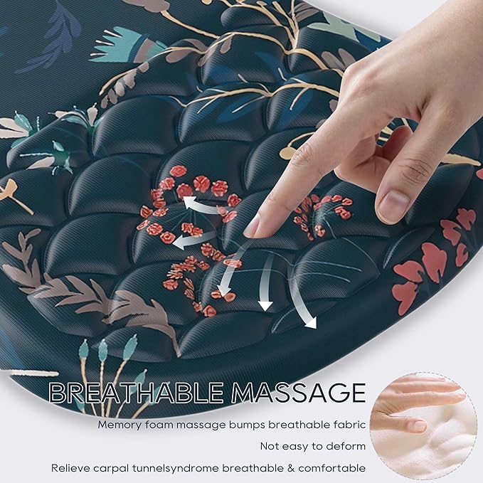 HunDun Ergonomic Mouse Pad Wrist Support, Wrist Rest Mousepad for Carpal Tunnel Pain Relief with Integrated Memory Foam Slope Massage Bulge， Mousepads for Wireless Mouse & Desk（Green Flower）