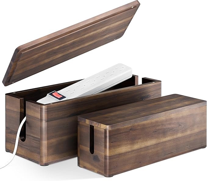 Acacia Large Cable Management Box - Set of 2 Cord Box Hider for Office - Cable Hider Box, Surge Protector Box for TV Wires, Desk - Power Strip Box with 2 Open Slots, Magnetic Lid (Walnut color)