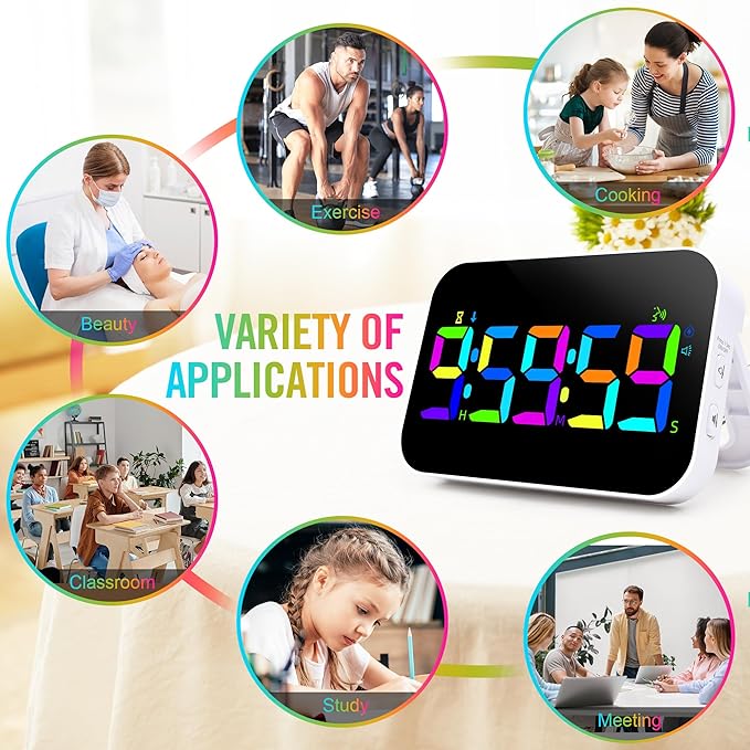 TXL Kitchen Timer for Cooking, Rechargeable Digital Magnetic Timer with Large LED Display, Loud Alarm, Sound Countdown, 4 Volume Levels and 3 Brightness for Classroom, Study (RGB)