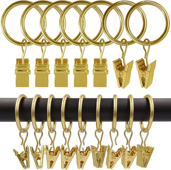LLPJS 100 Pack Curtain Rings with Clips, Curtain Clip Rings Hooks, Bow Hanger Clips for Hanging Drapery Drapes Bows, Ring 1 inch Interior Diameter, Fits up to 5/8" Rod, Gold