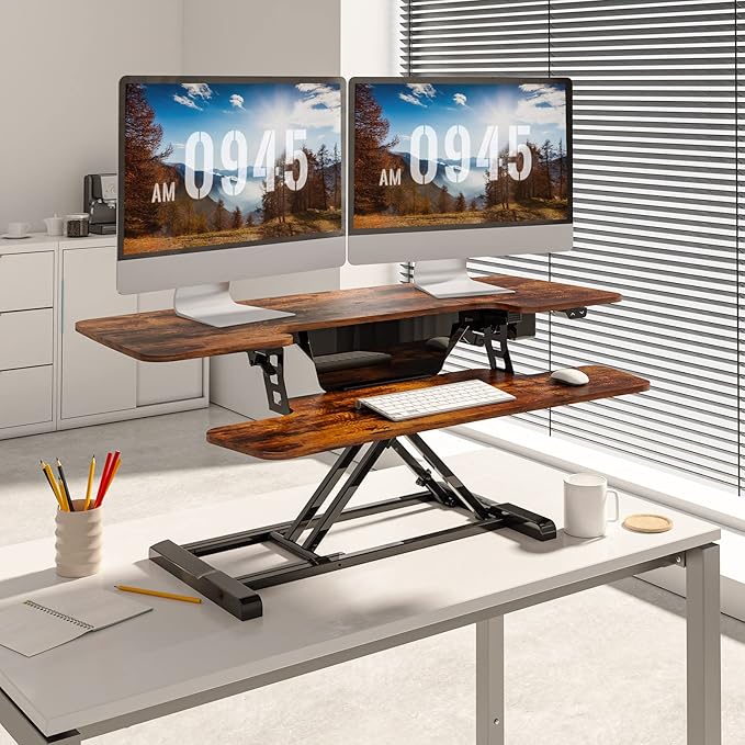 FLEXISPOT Electric Standing Desk Converter 42" Height Adjustable Desk 55 LBS Weight Capacity Motorized Stand up Desk Riser for Office Home,Rustic Color