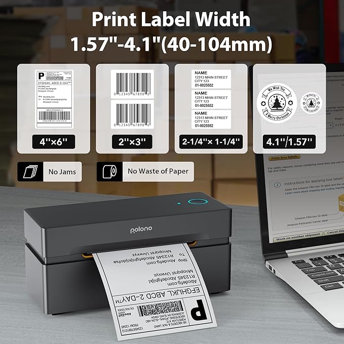 POLONO 4x6 Shipping Label Printer, Bluetooth Thermal Shipping Label Printer for Small Business, Support Android, iPhone and Windows, Widely Used for Amazon, Ebay, Shopify, Etsy, USPS, ect (Slate)