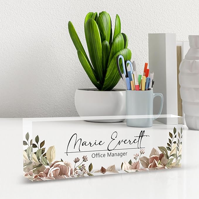 Custom Desk Name Plate, Personalized Acrylic Office Decor, Employee Appreciation Gifts for Boss, Manager, Teacher, Nurse (Threadlike Flower)