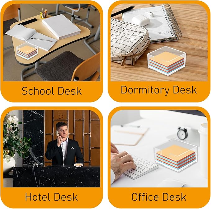 Clear Sticky Note Holder, Sticky Note Dispenser with Non-Slip Pad, Acrylic Desk Accessories, Aesthetic Office Supplies Organizer for Home Office Dorm Room (3.35 × 3.35 × 1.77 Inches)