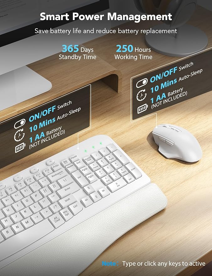 SABLUTE Wireless Keyboard and Mouse Combo, Ergonomic Wave Keys, Cushioned Plam Rest, Comfortable Silent Natural Typing, 2.4G Lag-Free, Full Size Keyboards Cordless Set for Multi-OS, Windows/Mac, White