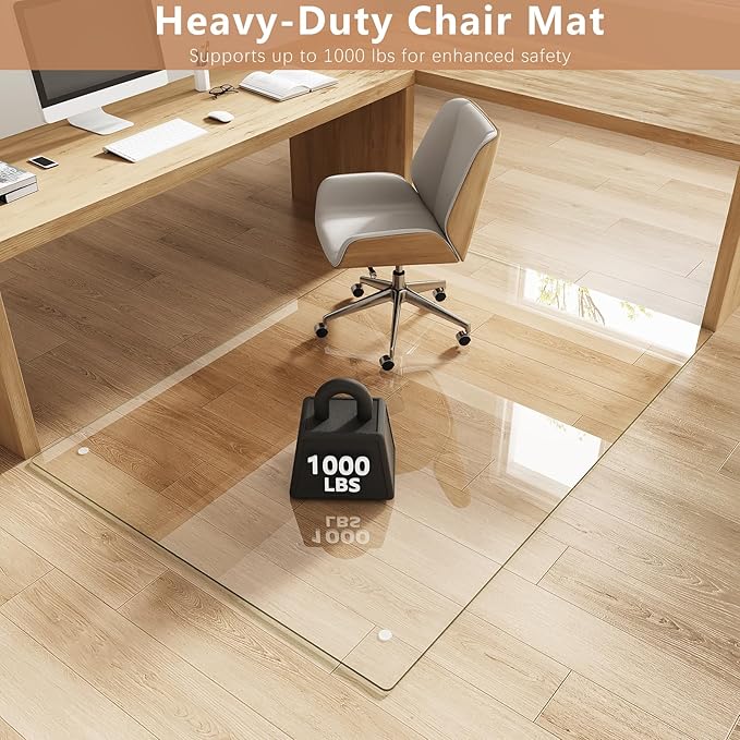 Tempered Glass Chair Mat for Carpet & Hard Floor, 48"x72" Office Chair Mat - Heavy Duty & Scratch Resistant, Non-Slip Pads, Rounded Corners & Polished Edges