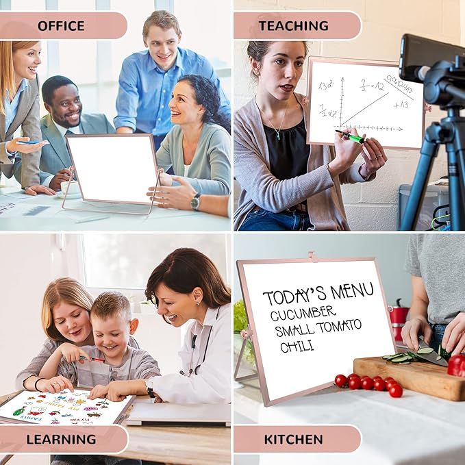 16 x 12 inches Dry Erase Whiteboard, Rose Gold Magnetic Desktop Double-Sided White Board with Stand, 10 Markers, 1 Eraser, 4 Magnets, Portable Whiteboard Easel for School Office Home