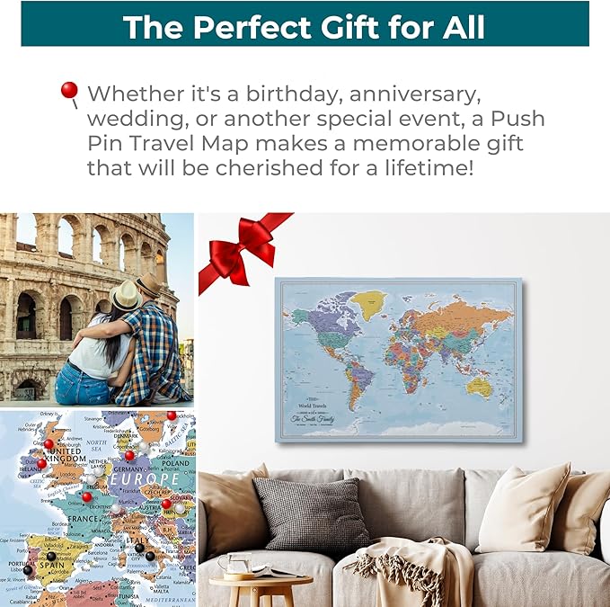 Push Pin Travel Maps Gallery Wrapped - Blue Oceans World with pins