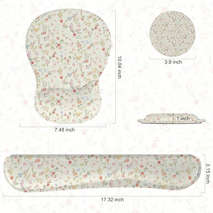 Wrist Rest Support for Mouse Pad Keyboard Set Circle Coaster Gaming Mouse Pad Ergonomic Gel Memory Foam Set for Computer, Laptop, Office, Pain Relief, Comfortably Typing Flowers KM-39
