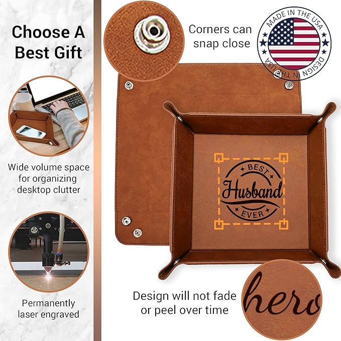 Personalized Valet Tray for Men, Best Husband Ever, 5 Design Option, PU Leather Key Dish for Entryway Table, Catchall Tray for Wallet, Birthday,Anniversary, Valentines Gift for Husband from Wife