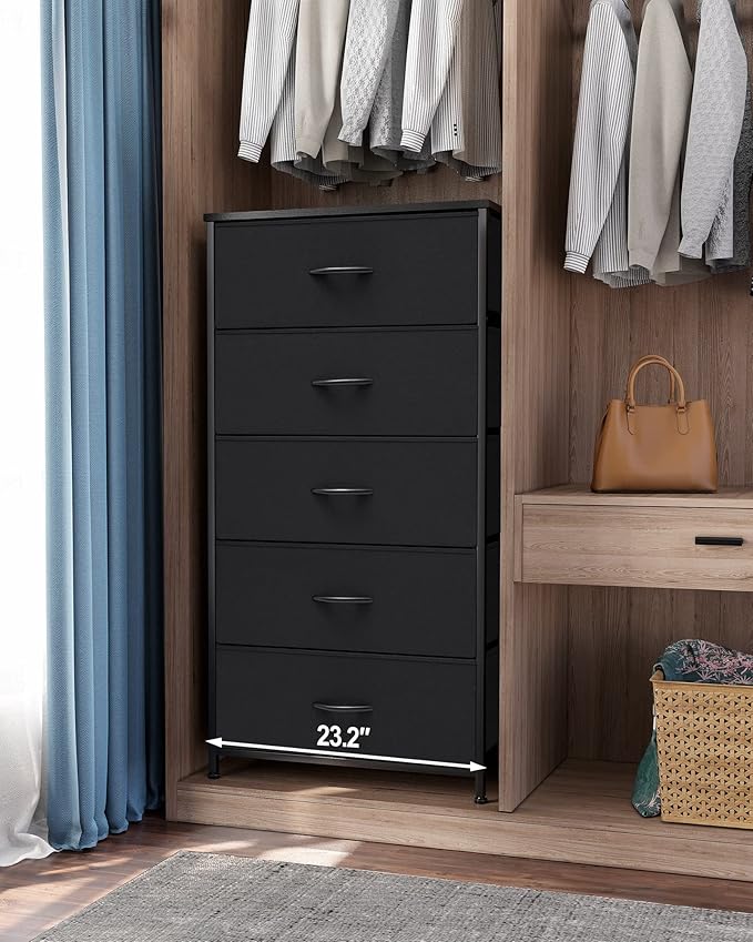 Crestlive Products Vertical Dresser Storage Tower - Sturdy Steel Frame, Wood Top, Easy Pull Fabric Bins - Wide Organizer Unit for Bedroom, Hallway, Entryway, Closets - 5 Drawers(Black)
