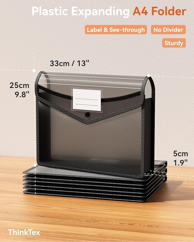 ThinkTex Plastic Expanding File Folder, Transparent envelopes with Snap Closure,No Dividers,Large Capacity,Document Organizer for Receipts, Bills&Taxes,Letter/A4 Size for School/Office/Home-20 Pack