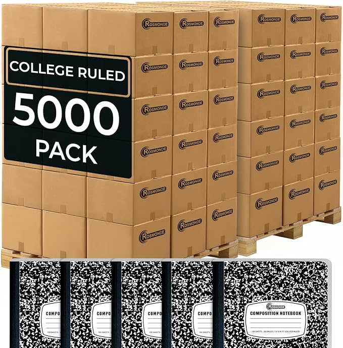 Rosmonde 5000 Pack (Pallet) Composition Notebook Bulk, College Ruled Sheets, 100 Sheets (200 Pages), 9-3/4 x 7-1/2, Bulk Supplies for Schools, Black Marble Notebooks, 4-7 Days Transit