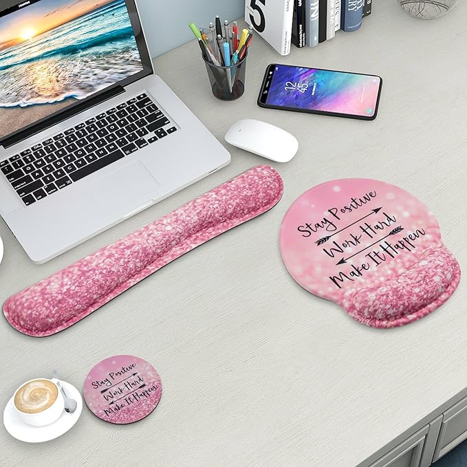 Mouse Pad and Keyboard Wrist Rest Support, with Non-Slip PU Base,Gel Mouse Pad with Coaster,Pain Relief for Gaming, Computer,Office -Pink Positive