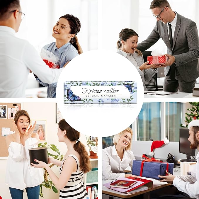 Personalized Office Name Plate for Desk, Custom Employee Appreciation Gifts, Acrylic Desk Name Plate Funny, Desk Decorations Gift, Acrylic Desk Ornaments (Purple Blue Butterfly)