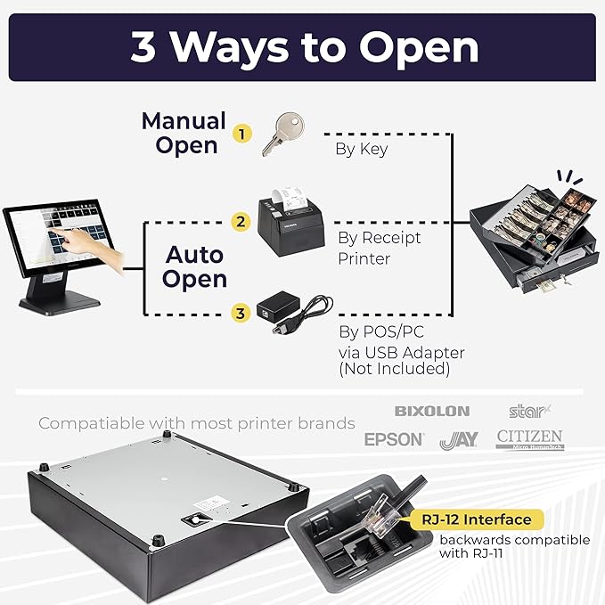Volcora Cash Register Drawer for Point of Sale (POS) System with Fully Removable 2 Tier Cash Tray, 5 Bill/8 Coin, 24V, RJ11/RJ12 Key-Lock, Double Media Slot, Black