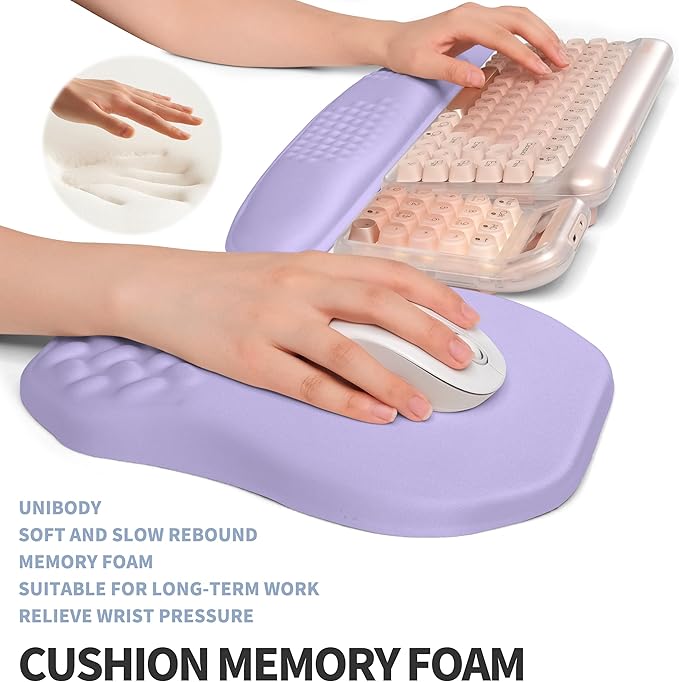2-in-1 Ergonomic Set, Wave Keyboard Wrist Rest and Massage Slope Mouse Pad Wrist Support, Rebound Memory Foam for Relieve Carpal Tunnel Syndrome and Wrist Pain (Lavender Purple)