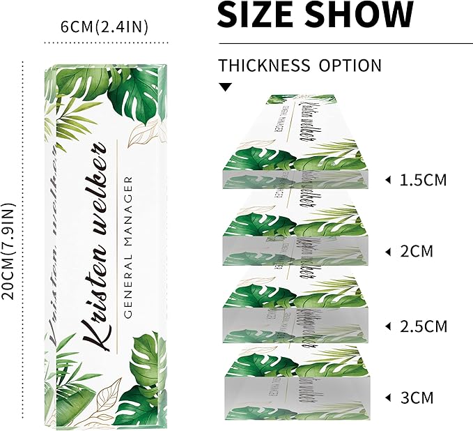 Desk Name Plate Personalized, Custom Name Plates for Desks, Office Desk Decor, Green Leaf Clear Acrylic Glass Block, Personalized Office Gifts for Women Men Boss Teachers Coworkers Appreciation Gifts