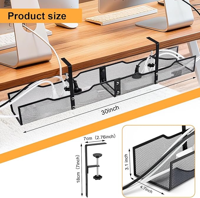 30'' Under Desk Cable Management - No Drill Installation Cable Management Tray, Modern Cord Organizer for Office/Home Desk, Fits Power Strips & Wires(Black, XXL)