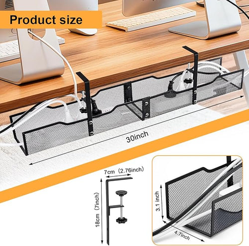 30'' Under Desk Cable Management - No Drill Installation Cable Management Tray, Modern Cord Organizer for Office/Home Desk, Fits Power Strips & Wires(Black, XXL)