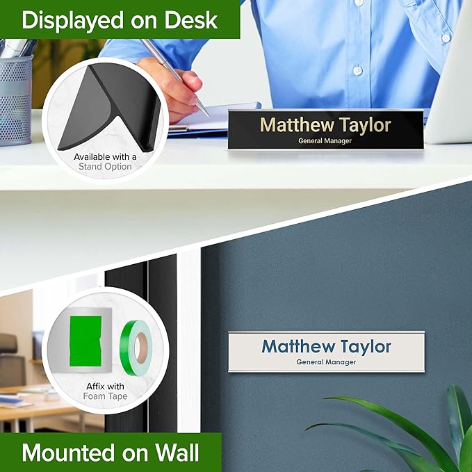 Name Plate for Desk, Personalized Plate, Custom Door Name Plate for Office Doors, Wall, Wall Holder, Laser Engraved, 2" x 10", 18 Color Options, Made in USA by My Sign Center.