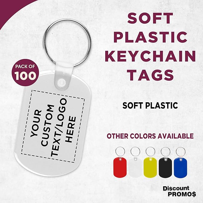 DISCOUNT PROMOS Tag Soft Plastic Keychains - 100 pack - Customizable Text, Logo - Small Key Tag Chain For Staying Organized - Rubber Key Ring Keychain – White