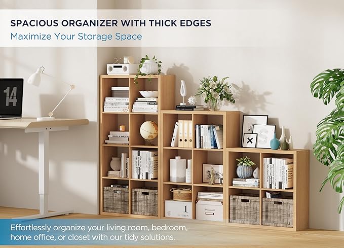12-Cube Storage Organizer, Wooden Cube Shelf Bookcase with Reinforced Thick Shelves, Heavy-Duty 36.93" L x 9.37" W x 48.82" H, for Living Room Bedroom Home Office, Natural-Oak