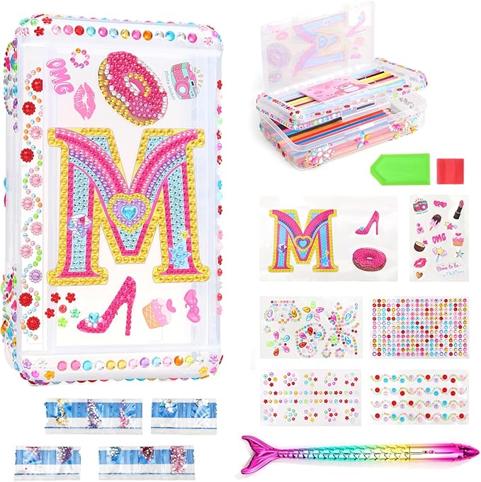 1PCS Clear Pencil Case, Plastic Pencil Box, Large Crayon Box, Craft Organizers and Storage, School Supplies for Boys and Girls with Stickers and Kit (Letter M Set)