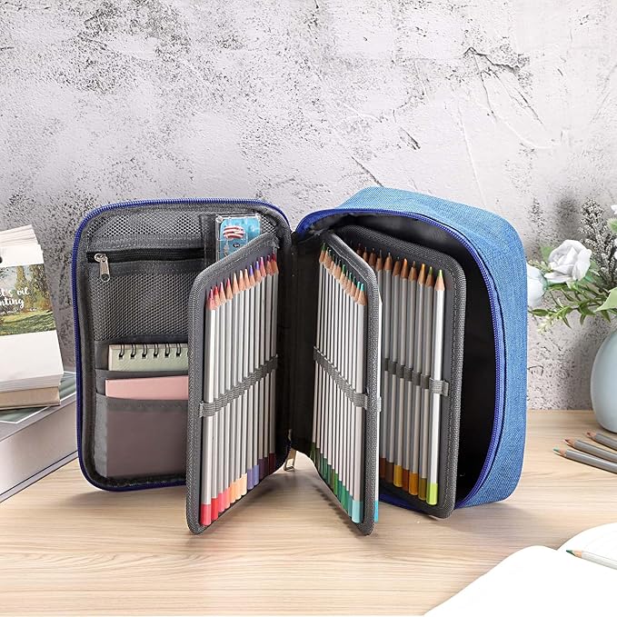 BTSKY® High Capacity Zipper Pens Pencil Case- Multi-Functional Stationery Pencil Pouch 72 Slots Colored Pencil Case Portable Pencil Bags With 2 Removable Sleeves(Blue)