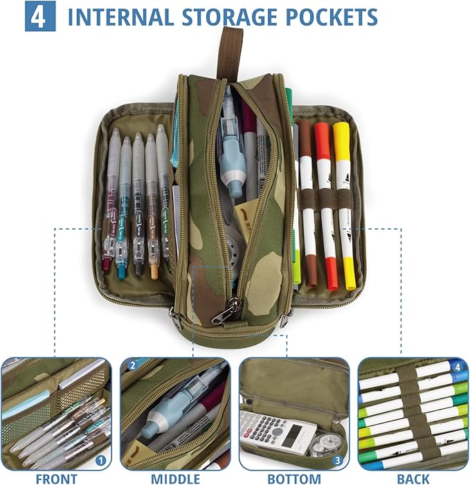 ATRIPACK Tactical 4 Compartments Pencil Case for Boys,Big Canvas Pen Pouch Bag, Large Capacity Pen Box, Tool Bag for Middle School College Office Organizer for Kids Men Women Adult Teens