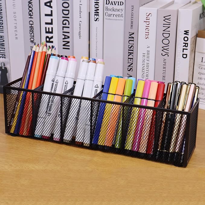 Black Mesh Pen Pencil Holder, Small Metal Desk Organizer Desktop Stationery Office Supplies Acessories Storage Stand, 6 Compartments Brushes Holder for Home School Classroom Teachers
