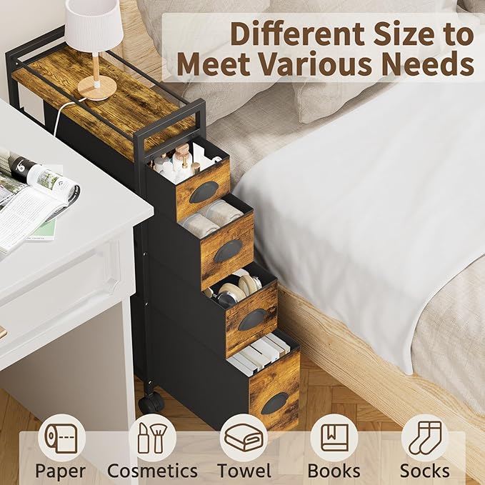 LASZOLA 4 Drawer Narrow Dresser Slim Cabinet Skinny Storage Tower Chest, Ideal for Small Spaces Bathroom Bedroom, Between Washer and Dryer, Lightweight Mobile on Wheels, Sturdy Fabric Drawers, Brown