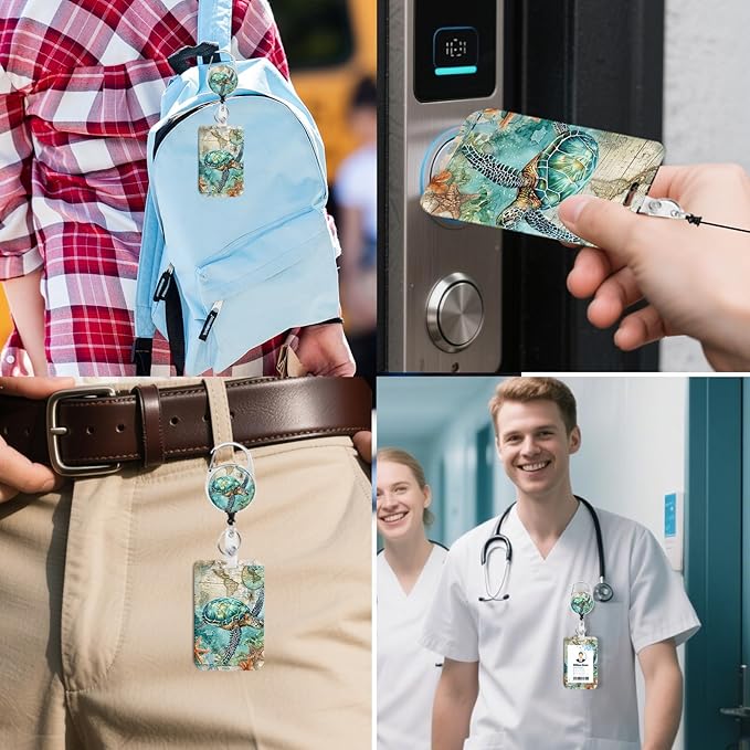 2 Pack Sea Turtle ID Badge Holder with Heavy Duty Retractable Reel Keychain for WomenStudents,Teachers, Nurses, Office Use