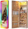 Lvifur LED Mirror Jewelry Cabinet - with RGB lights,Lockable Wall/Door Mounted Full Length Mirror with Storage,Hanging Jewelry Organizer-2 Drawers,Foldable Shelf,Built-in Lighted Mirror(Wood)