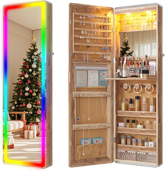 Lvifur LED Mirror Jewelry Cabinet - with RGB lights,Lockable Wall/Door Mounted Full Length Mirror with Storage,Hanging Jewelry Organizer-2 Drawers,Foldable Shelf,Built-in Lighted Mirror(Wood)