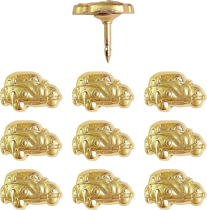 Beetle Bug Car Push Pins - Gold Bug Pins - for Cork Board, Maps, or Lapel Pin Use - Designed in USA - Set of 10