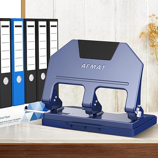 AFMAT 3 Hole Punch, 9/32" Holes, 40-Sheet 3 Hole Puncher for Binder, 50% Reduced Effort, Metal Heavy Duty Three Hole Punch w/ 10,000+ Uses, Bulit-in S.S. Paper Guide, Large Chip Tray, Blue, HPX3