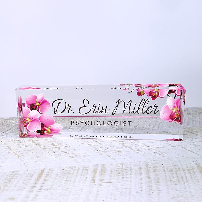 Artblox Office Personalized Name Plate for Desk with Business Card Holder On Clear Acrylic Glass Orchids Flowers Design Custom Desk Name Plate with Your Name and Credentials Customized Gift