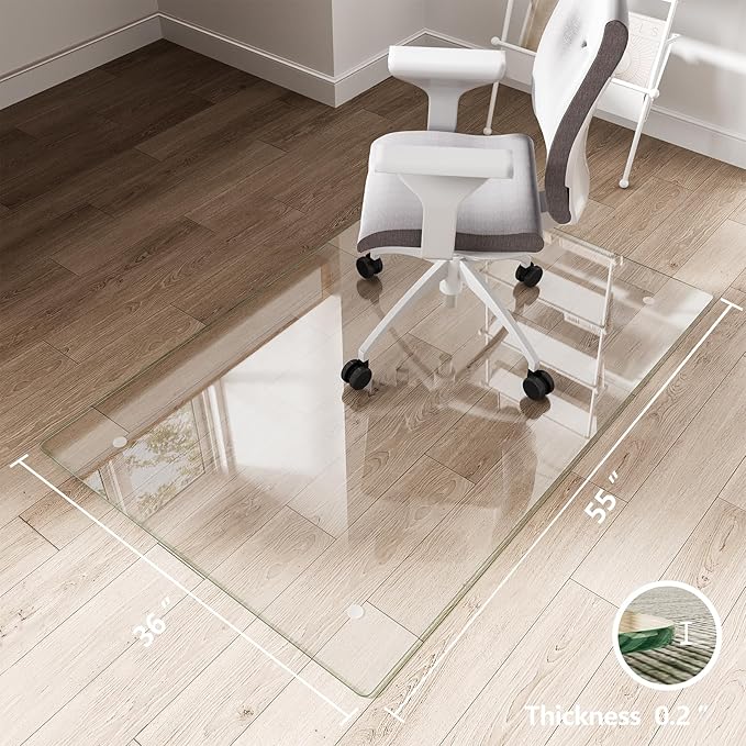 Koonmi Glass Chair Mat for Carpet, 36"x55" Office Chair Mat, Tempered Glass Chair Mat with Rounded and Polished Edges, Non-Slip Pads, Glass Floor Mat for Hardwood Floor, Carpet