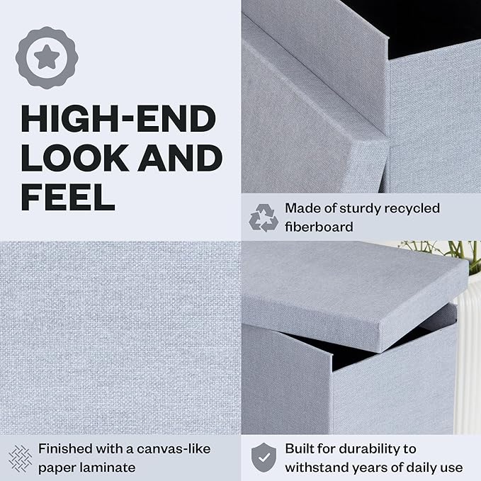 Bigso John File Box - File Storage Box and File Organizer for Important Paperwork - Durable Hanging File Box with Lid and Leather Handle - 7.36 in x 13.26 in x 10.51 in - Ash