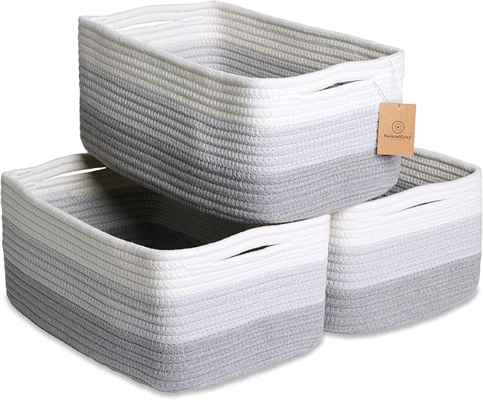 NaturalCozy 13.5”x8.5”x5.5” Rectangle Storage Baskets for Shelves 3 Pack | Cotton Rope Woven Small Baskets for Organizing | Small Storage Bins for Nursery, Bathroom, Closet, Shelf, Decorative