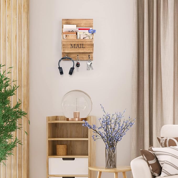 DLQuarts Mail Organizer with Key Holder for Wall Decorative Mail Sorter Wall Mounted, Wooden Mail Holder with 3 Hooks, Carbonized Brown