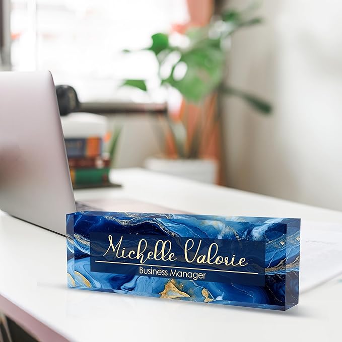 Personalized Name Plate for Desk, Custom Desk Name Plate, Acrylic Name Plate Office Desk Accessories, Personalized Office Gifts for Coworkers Teachers, Employee Appreciation Gifts (B-Blue Marble)